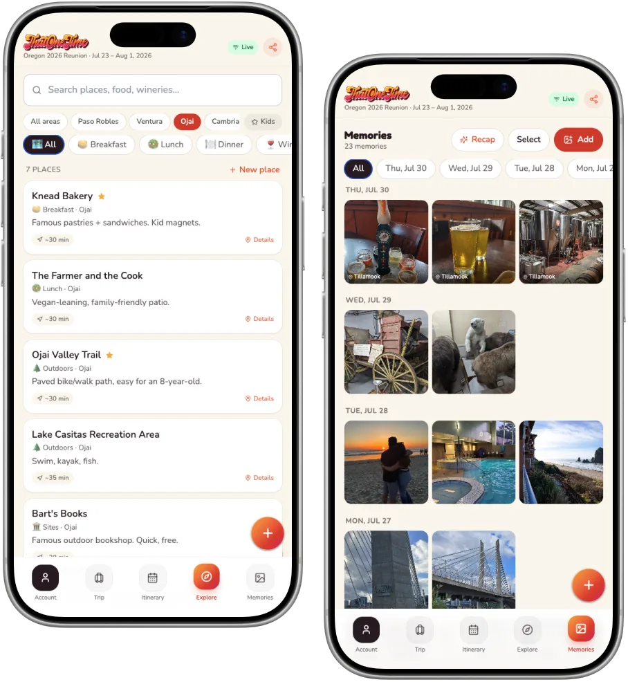 ThatOneTime Explore and Memories — curated places to add to the trip, and a shared photo album grouped by day.