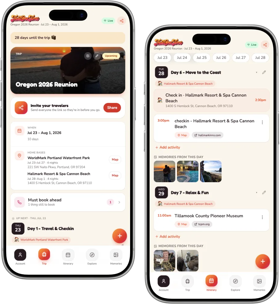 The ThatOneTime itinerary — a live, shared day-by-day plan with activities, times, and memories per day.