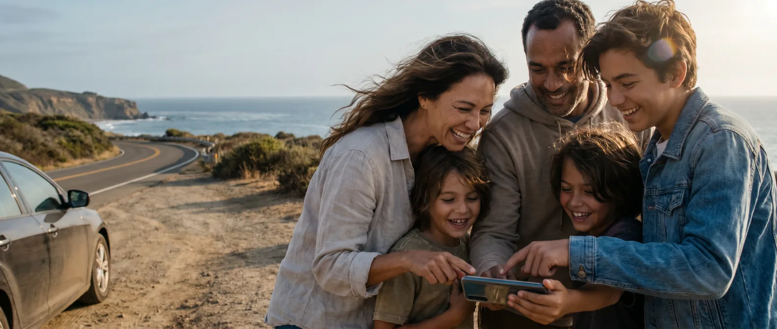 A family gathered around a phone at a coastal overlook, following their shared trip guide together.