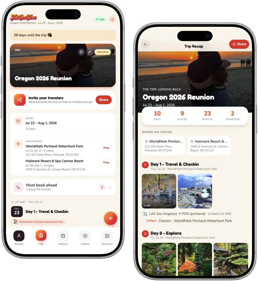ThatOneTime shown on two phones — the Today home screen and the end-of-trip Recap.